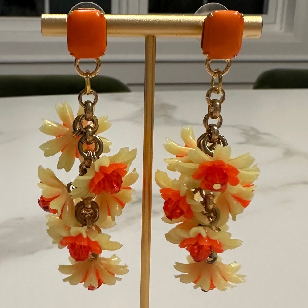 DANNY POLLACK - Playful Yellow and Orange Floral Crystal Drop Statemen Earrings
